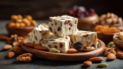 Fototapeta premium Plate of nuts and fruit sits on a wooden table. The plate is filled with a variety of nuts and fruit, including almonds, walnuts, and cherries