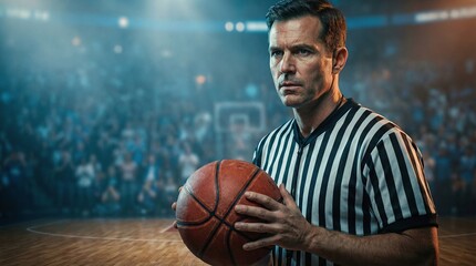 Focused basketball referee holding ball on court during game with crowd in background, intense atmosphere