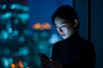 Thoughtful Asian executive uses smartphone illuminated by screen light against blurred blue city lights at night, concept for corporate communication, technology use and remote work effectiveness