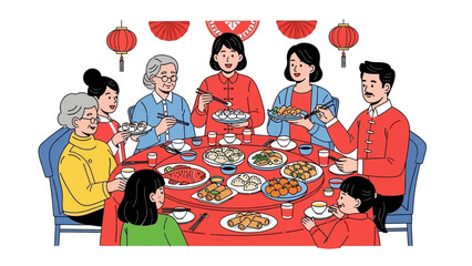 Family Gathering Around the Table for a Traditional Meal with Lanterns Hanging Above