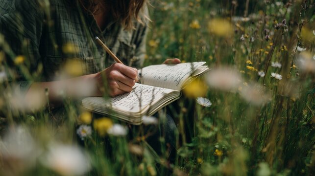 Close-up of a creative professional writing notes in a rustic journal outdoors in a sunny wild flower meadow, concept for mindfulness workshops, nature journaling promotion and lifestyle blogging