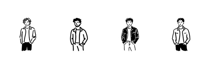 Fototapeta premium Four Male Figures In Casual Jackets Line Icon Set In Doodle Style. Fashion And Style Representation Outline Sketch Collection. Hand Drawn Isolated Vector Illustration
