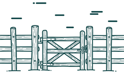Rustic wooden farm fence vector illustration with gate and countryside clouds