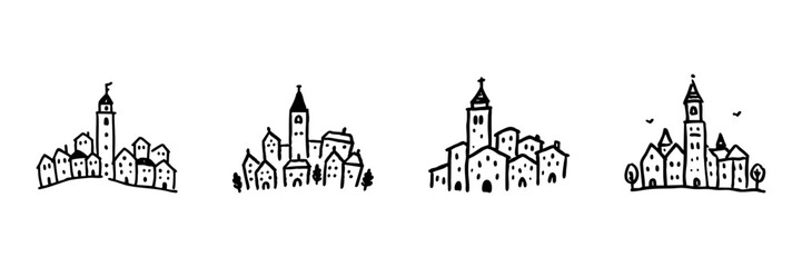 Fototapeta premium Charming Village Skyline Line Icon Set In Doodle Style. Quaint Townscape, Architecture, And Community Outline Sketch Collection. Hand Drawn Isolated Vector Illustration