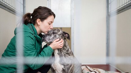 Woman kissing dog in animal shelter