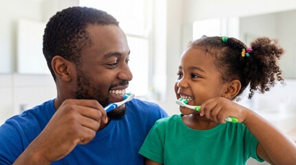 Father and daughter brushing teeth in bathroom