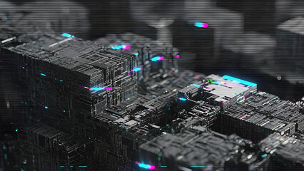 Abstract futuristic technology architecture with holographic elements and glitch effect