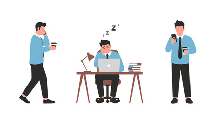 Flat vector illustration showing the same man in three different daily activities on a white background.