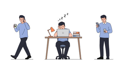 Flat vector illustration showing the same man in three different daily activities on a white background.