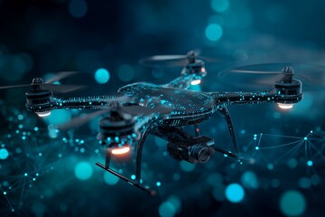 Digital high-tech quadcopter drone with glowing circuit patterns and camera flying over a dark digital network background, concept for aerial delivery, data analysis and secure surveillance