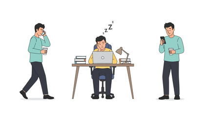 Flat vector illustration showing the same man in three different daily activities on a white background.