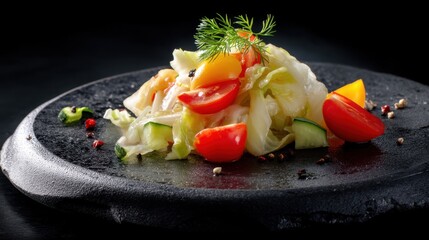 Plate of food with a variety of vegetables including tomatoes, cucumbers, and cabbage. The plate is on a black surface and the vegetables are arranged in a visually appealing manner