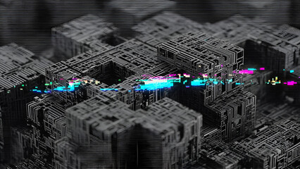 Abstract technological landscape of interconnected cubes with digital glitch effect visuals