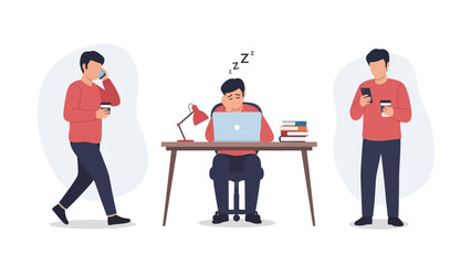 Flat vector illustration showing the same man in three different daily activities on a white background.