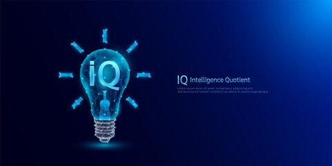IQ Intelligence Quotient symbol in light bulb style polygon glowing blue on a dark background  . Emotional intelligence balance of child brain. Leadership development growth concept. Vector. © Adisak