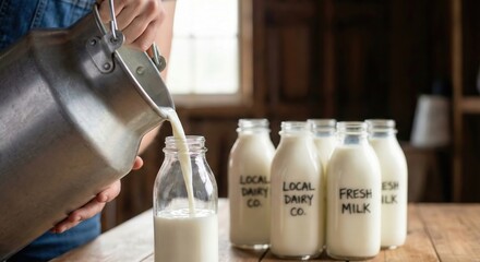 Person pouring milk into bottle on wooden table