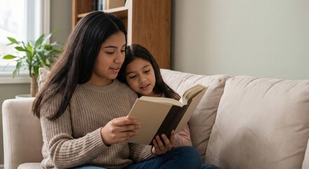 Sister reading book with younger sister on couch