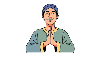 Illustration of a serene man praying with hands together and a gentle smile