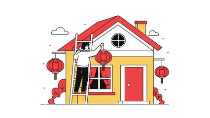 Man decorating house with lanterns on a ladder outside a yellow building