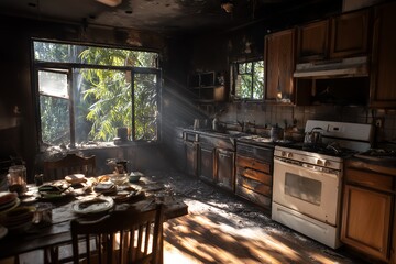 Charred kitchen interior after fire damage, sunlight beams illuminate destroyed cabinets and debris, concept for insurance claims, disaster restoration and safety awareness campaigns