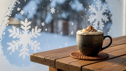 A steaming mug of hot chocolate with whipped cream on a wooden table by a window with snowflake decorations, overlooking a snowy winter scene.