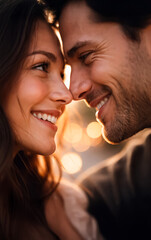 Romantic couple enjoying a quiet, intimate moment at sunset with warm light and soft bokeh, symbolizing love, emotional security, and authentic human connection.