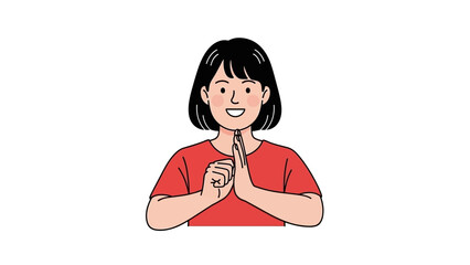 A smiling woman in a red shirt makes a gesture with her hands in a simple illustration.