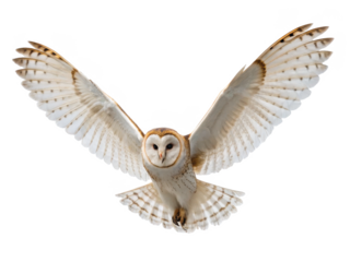 Majestic barn owl with intricately patterned, creamy-white and golden-brown plumage, captured in full, dynamic flight with wings fully extended and feathers, isolated on transparent background.