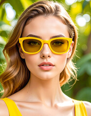 Photorealistic portrait of a woman posing in a forest wearing yellow sunglasses