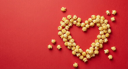 Popcorn forming heart shape on red background for movie