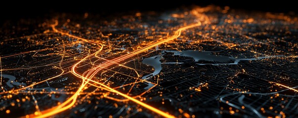 Abstract 3D visualization of a metropolitan data map illuminated by bright orange traffic and network lines, concept for digital networking, intelligent systems and future mobility