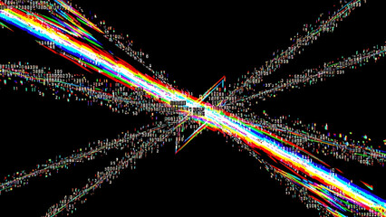 Vibrant data streams converging towards a central processing hub on black background