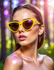 Photorealistic portrait of a woman under glass prisms light with visible light caustics posing in a forest wearing yellow sunglasses