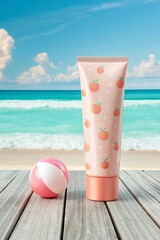 Sunscreen bottle mockup with a peach pattern and a small pink and white beach ball rest on a weathered wooden table, set against a vibrant turquoise ocean and clear blue sky.