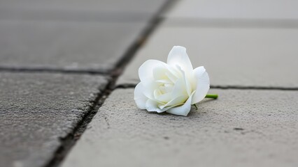 A single delicate white rose lying on a grey concrete tiled ground, symbolizing peace or remembrance.