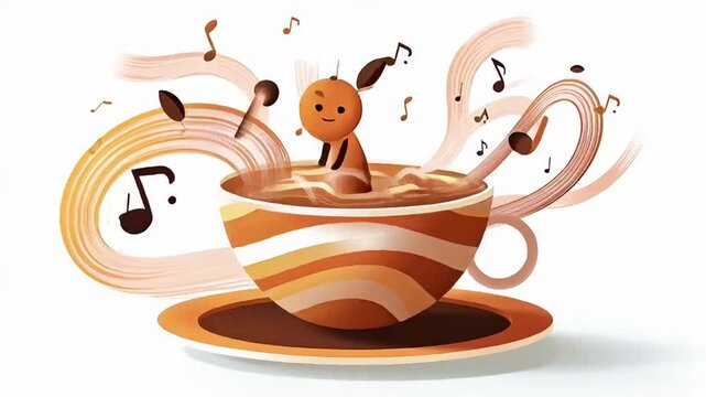 Cute Cartoon Character Bathes in Coffee Cup with Musical Notes