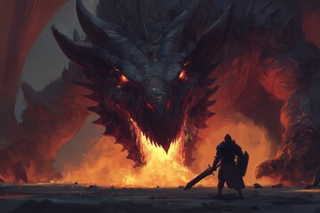 Intense digital art showing an armored knight facing a huge fiery dragon in a dark fantasy landscape, concept for fantasy games, thrilling book covers and epic advertisement campaigns