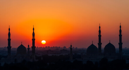 Obraz premium Dramatic Sunset Silhouette of Mosque and Minarets, Capturing the Beauty of Cultural Heritage and Architectural Splendor.