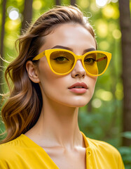 Photorealistic portrait of a woman posing in a forest wearing yellow sunglasses