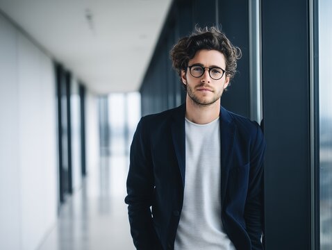 Headshot of a serious young executive with glasses and curly hair standing in a modern office hallway, concept for corporate portraiture, business leadership and professional recruitment campaign - Powered by Adobe