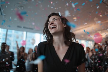 Joyful female professional laughing under confetti at an office party with blurred colleagues applauding, concept for corporate success, career promotion and achievement recognition