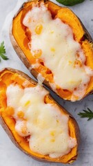 Baked sweet potatoes filled with melted cheese. The dish is a comforting and simple lunch option, showcasing vibrant orange sweet potato and gooey cheese.