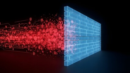 A blue brick wall with a red digital explosion on one side, representing a cybersecurity breach or hacking concept.