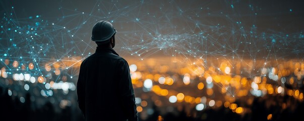 Engineer wearing a hard hat overlooks a blurred city skyline with an abstract digital network overlay, concept for infrastructure planning, technological integration and future strategy