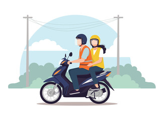 Thai man and woman wearing helmets and orange motorbike taxi win vests ride a dark blue motorcycle down a rural road, passing utility poles and green foliage under a light blue sky