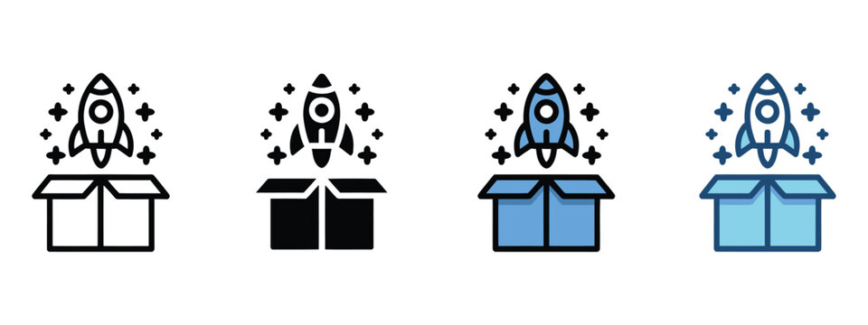 Launch icon set in multiple styles, including vector illustrations of rockets, takeoff symbols, startup, app launch, product release, and digital interface icons for web and mobile projects