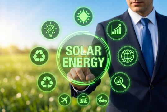 Businessman touching "SOLAR ENERGY" digital interface with icons for sustainability, green power, and renewable resources. Concept of environmental technology and clean energy investment. - Powered by Adobe
