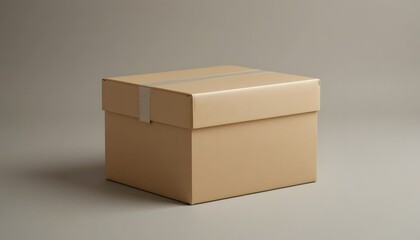 Сlose-up of a plain cardboard box on a neutral background.