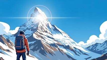 Hiker admiring majestic snow-capped mountain peak at sunrise.