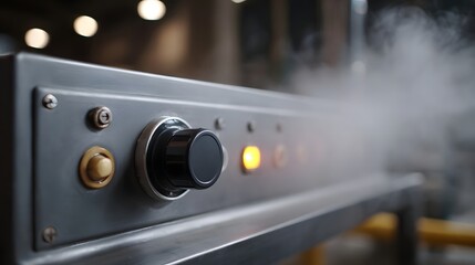Close up of an industrial control panel with a knob glowing lights and escaping steam